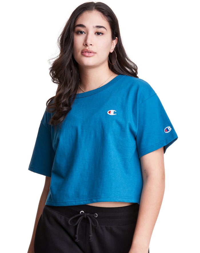 Champion Womens T-Shirt NZ - Heritage Cropped C Logo Blue ( 8052-KZNAI )